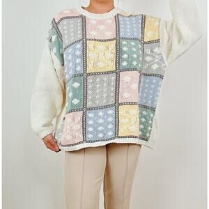 Vintage 90s Villager Liz Claiborne Cream Patchwork Chunky Knit Oversized Sweater